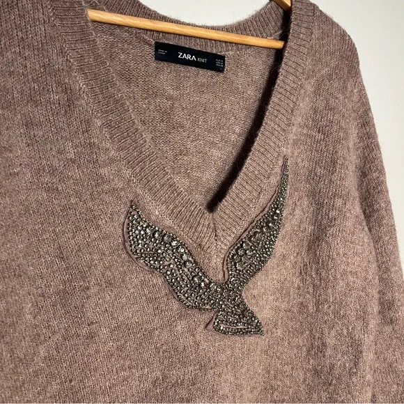 Zara Alpaca Blend Pink Diamanté Beaded Sparkle V Neck Sweater Medium - Picture 4 of 6